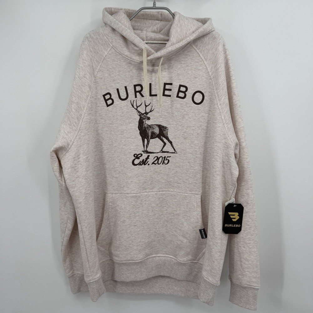 BURLEBO Men’s Midweight Fleece Hoodie Sweatshirt size L Htr Oatmeal Deer Hunting