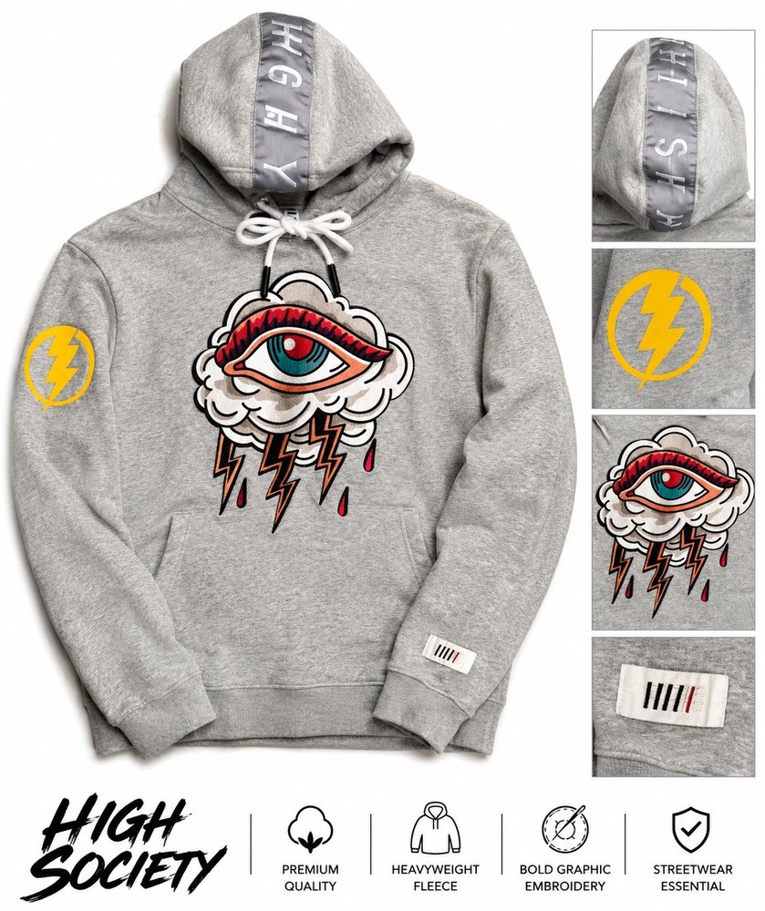 High Society Hoodie Men’s XL Gray Eye Graphic Heavyweight Streetwear H#13