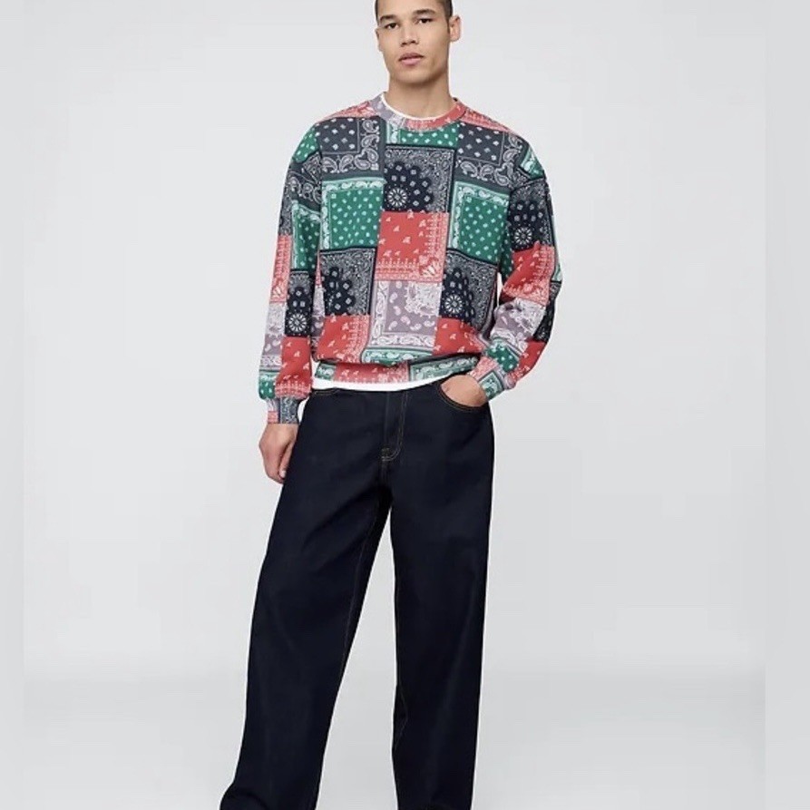 GAP Heavyweight Oversized Crew Sweatshirt Patchwork Bandanna Print Mens Large