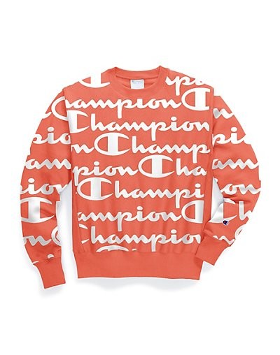 Champion Reverse Weave Crew Sweatshirt Mens S Small Coral All-Over Logo S2973