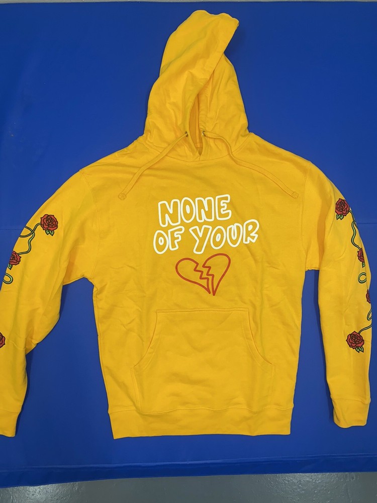 Lil TJay Rapper Yellow Hoodie “NONE OF YOUR LOVE” men’s Med Roses On Arms Nwot