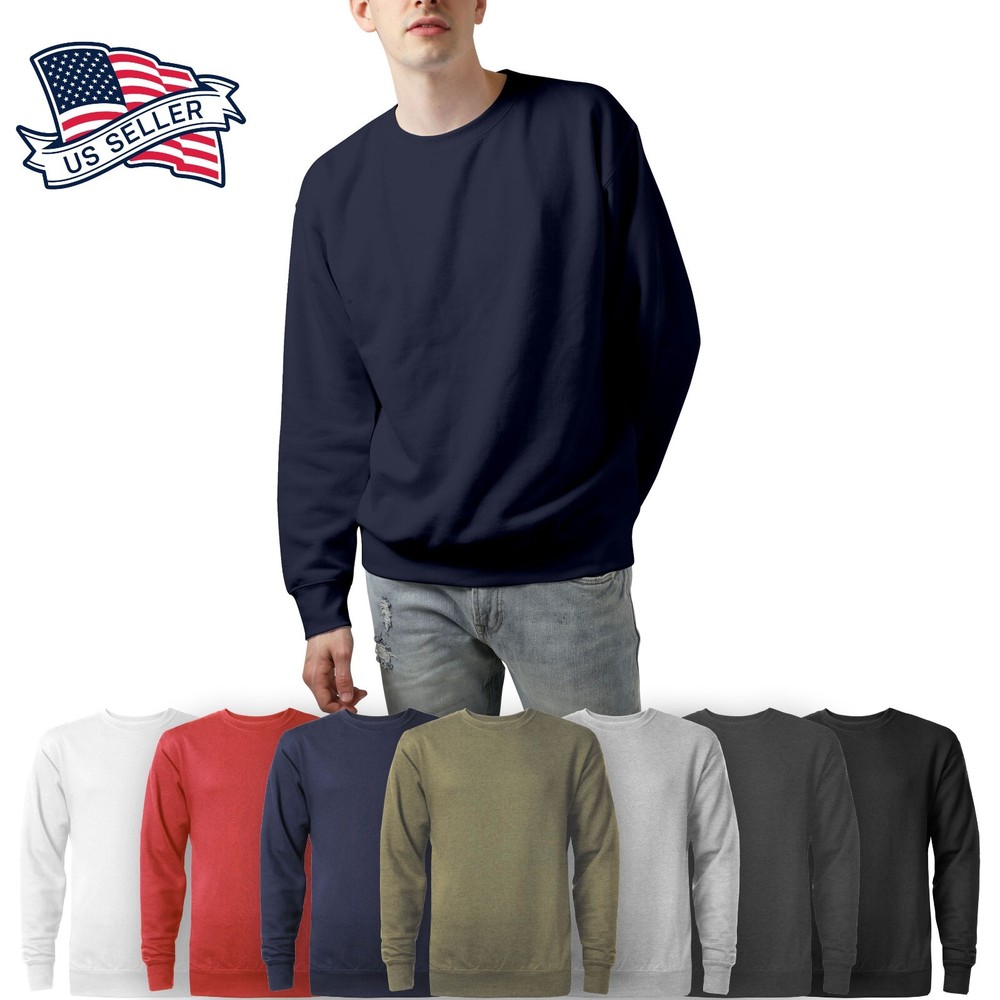 Mens Crew Neck Sweatshirts T Shirts Basic Brushed Solid Fleece Cotton Unisex