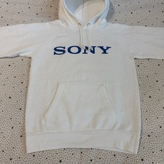 Vintage 1980s Sony Champion Hoodie Size Small White Blue Drawstring