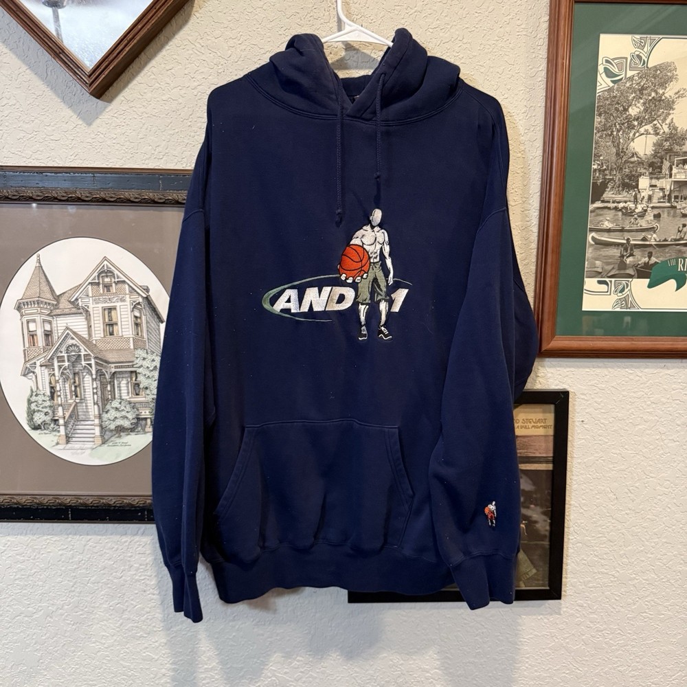 Vintage AND1 RARE Basketball Sports Hoodie Size XL Navy Blue Retro Designer Y2K
