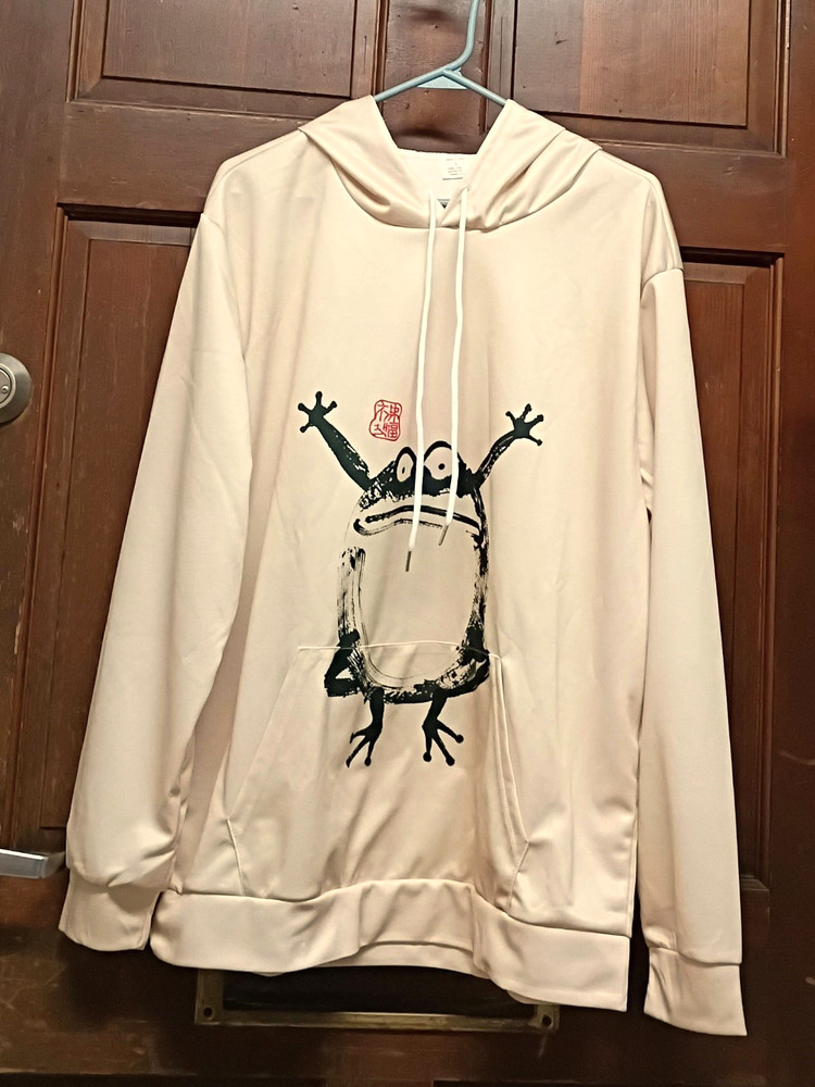 Unbranded Beige Pullover Hoodie Japanese Sad Toad Grumpy Frog Print Unisex Sz L