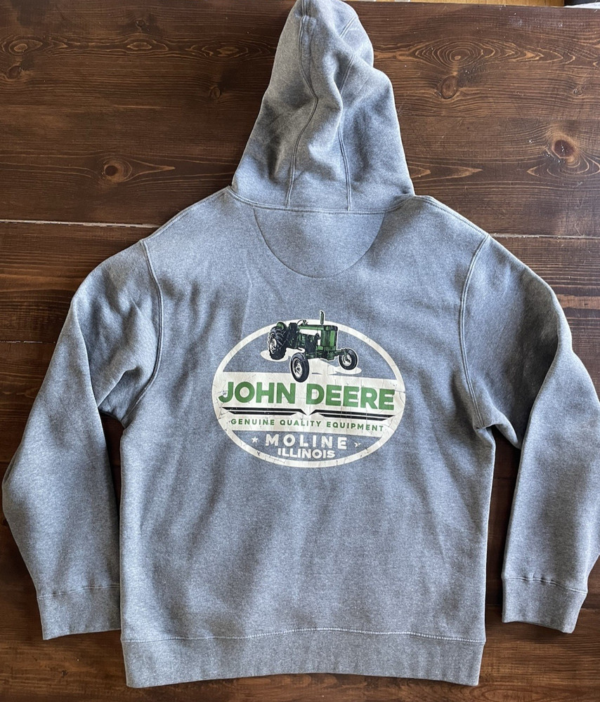 New John Deere Hoodie Men’s M Gray Pullover Sweatshirt 2 Sided Tractor Deer Logo