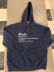 Navy Blue Fleece Pullover Hoodie Size LARGE Graphic BRUH Gildan Heavy Blend