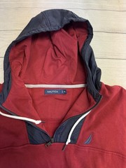 Nautica Hoodie Mens 2XL Red Navy Quarter Zip Pullover Sweatshirt Logo Pockets