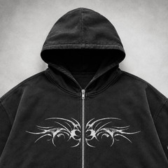 Men’s Gothic Tribal Graphic Zip-Up Hoodie Oversized Washed Black S–2XL