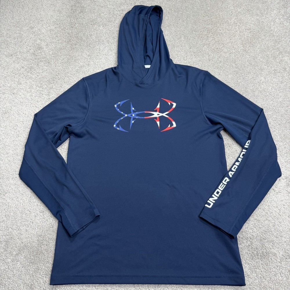 Under Armour Iso-chill Hoodie Shirt Mens Small Blue Fish Hook Logo Boat Light