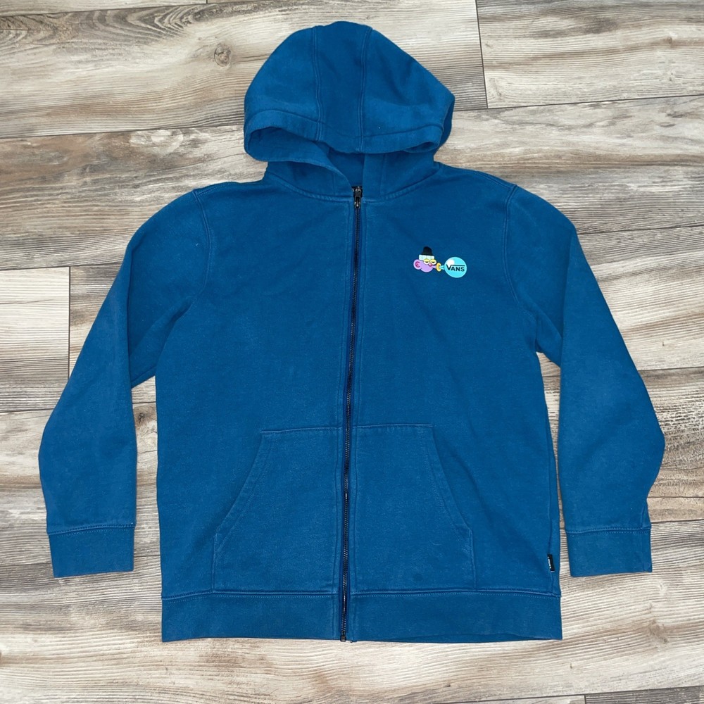Vans Hoodie Teens XL Blue Full Zip Fleece Cartoon Graphic Vans Beach Back Print