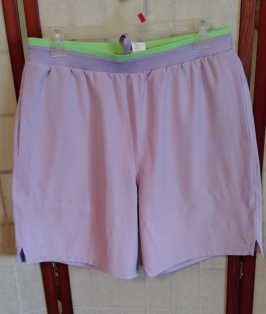Fabletics Mens Purple/Green Athletic Gym Shorts, Drawstring Elastic Waist, M