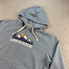 Life Is Good Mountain Hoodie Mens Large Blue Sweatshirt Outdoor Hiking Walking