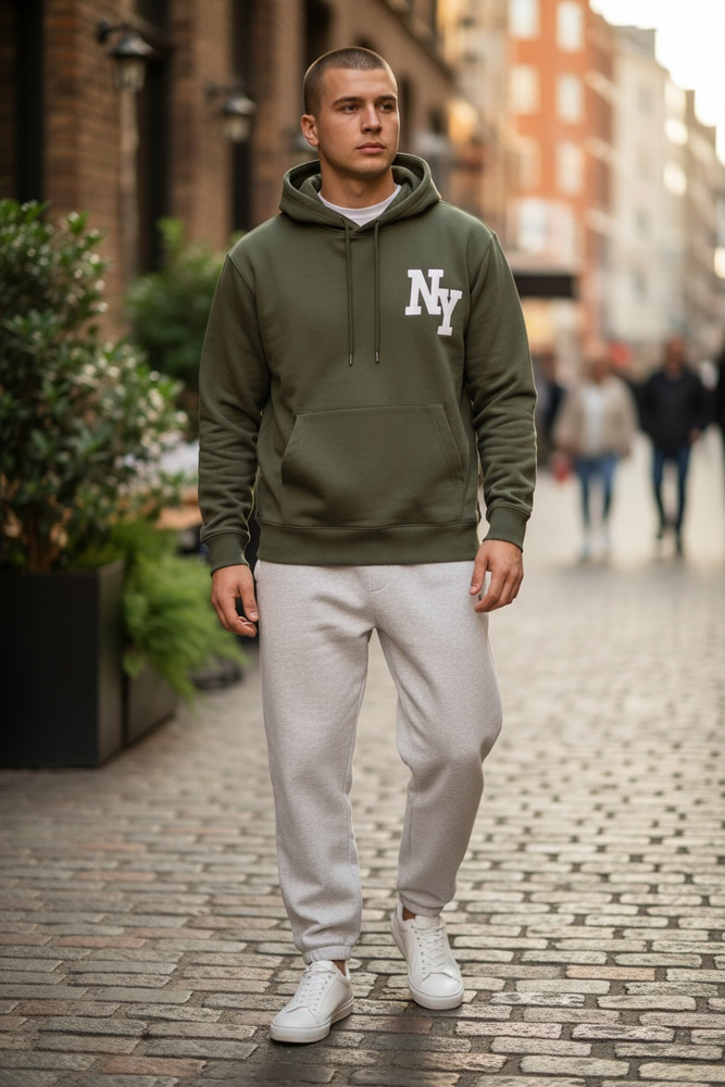 Mode of One Mens Long Sleeve Oversized NY Hoodie in Wild Ivy Size M