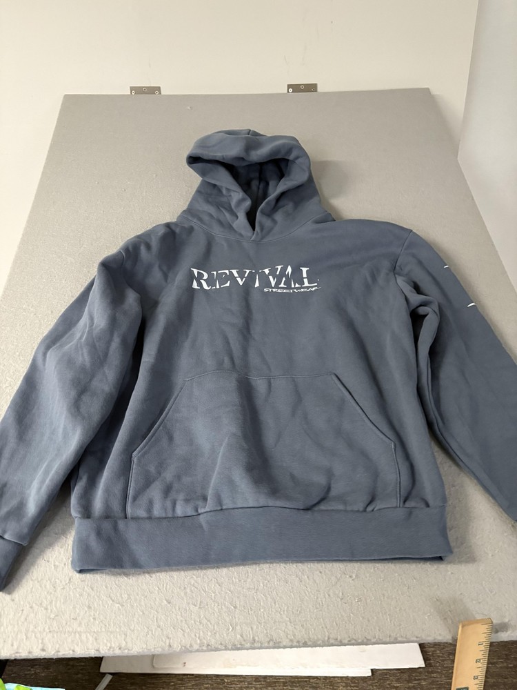 Revival Streetwear Hoodie Mens Medium Blue Graphic Pullover Sweatshirt Pocket