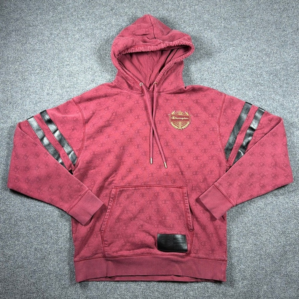 Champion Hoodie Mens Large Maroon Monogram Classic Fleece Leather Stripe