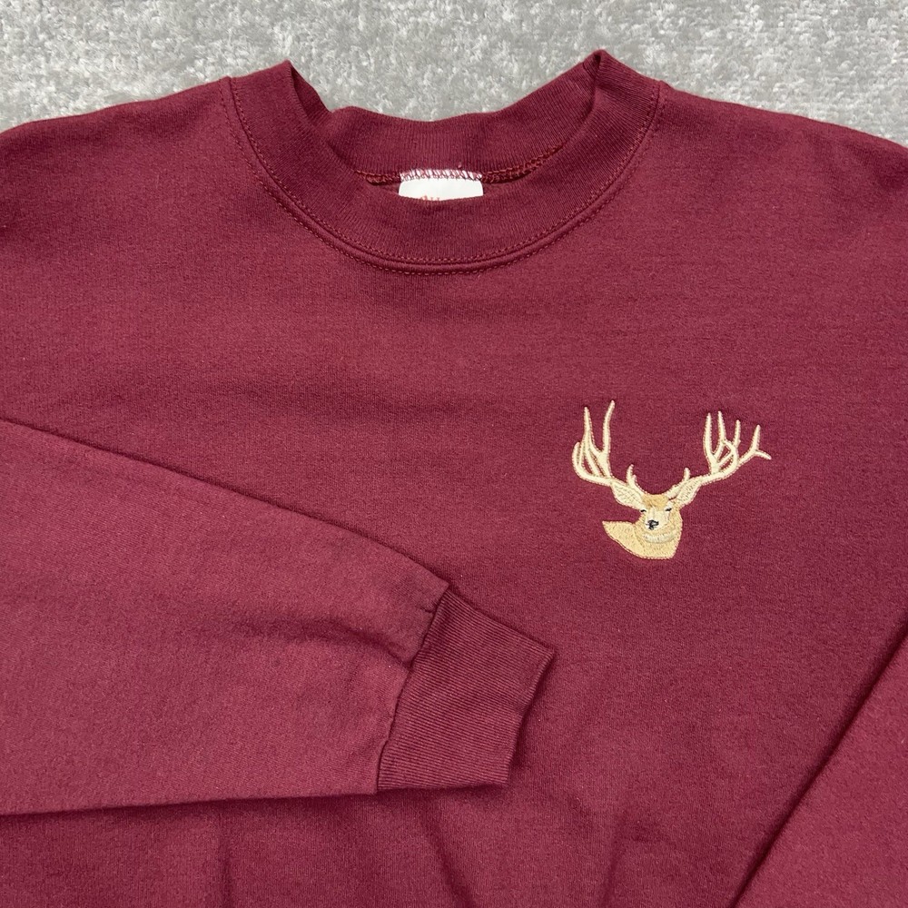 Vtg HANES Men’s XL Sweatshirt Big Buck Deer Embroidery Graphic Crewneck Maroon