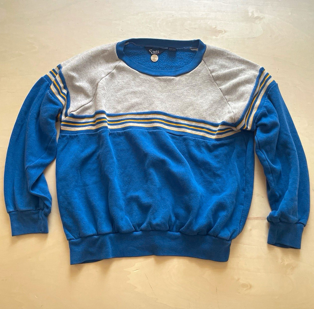Stats Vintage Blue Gray Yellow Colorblock Crewneck Pullover Sweatshirt Size L