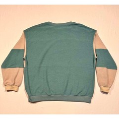 Vintage Style Train Graphic Colorblock Sweatshirt Teal Tan French Terry Large