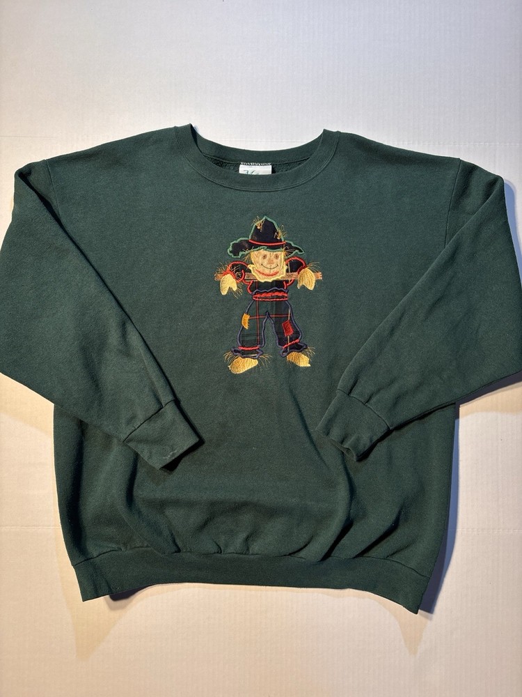 Vtg M&C Sportswear Fall Scarecrow Autumn Plaid 90’s USA Green Sweatshirt Sz XL