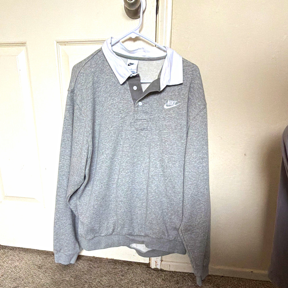 Nice Dress Shirt Nike M Gray/White Pullover Sweatshirt Collared Button Neck Logo