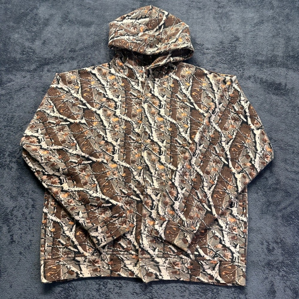 Vintage Classic Camo Hoodie Men’s Large Full Hook & Loop Brown Fleece Sweatshirt