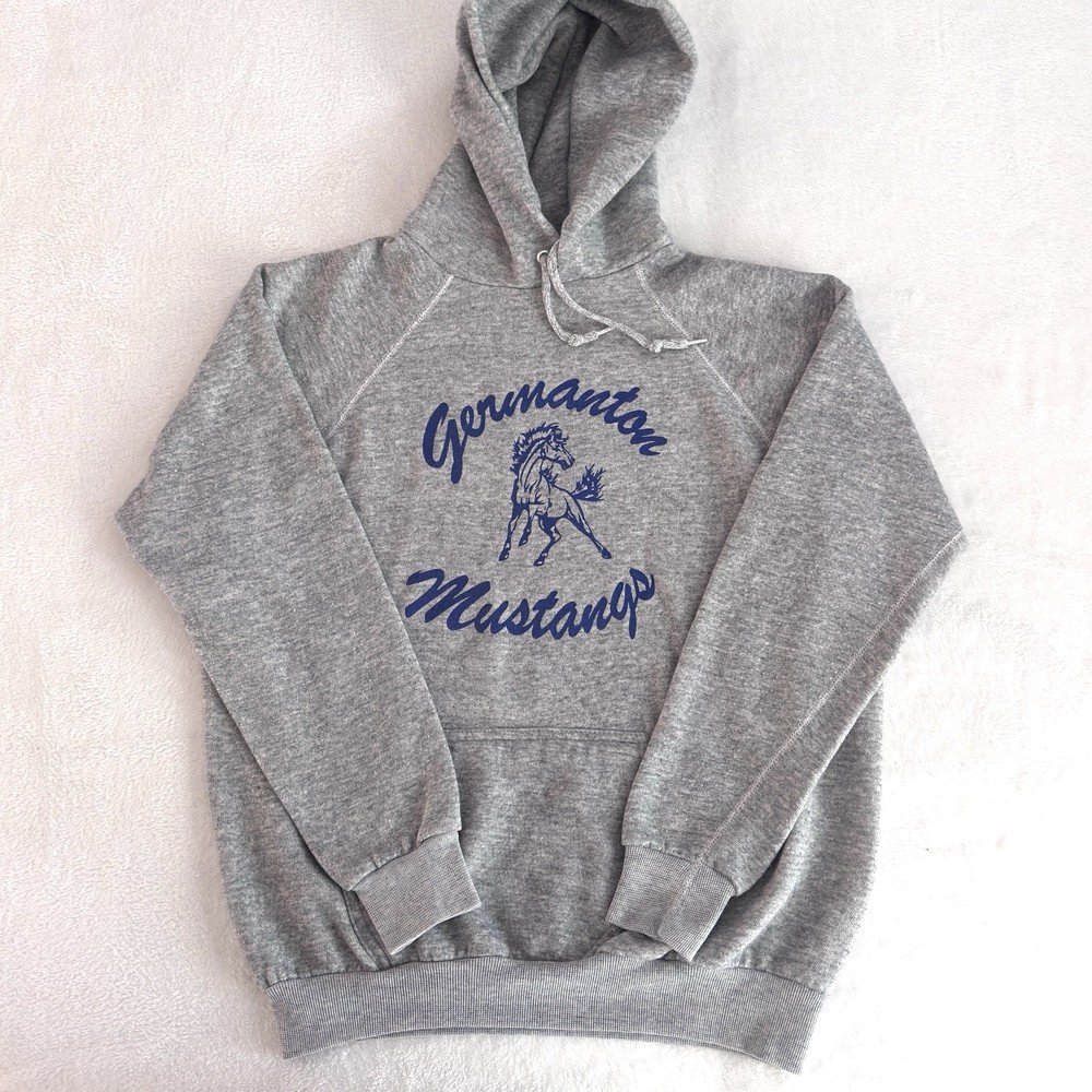 Vintage 80s Tultex Hoodie Sweatshirt Rayon Blend USA Large Germanton Mustangs PE
