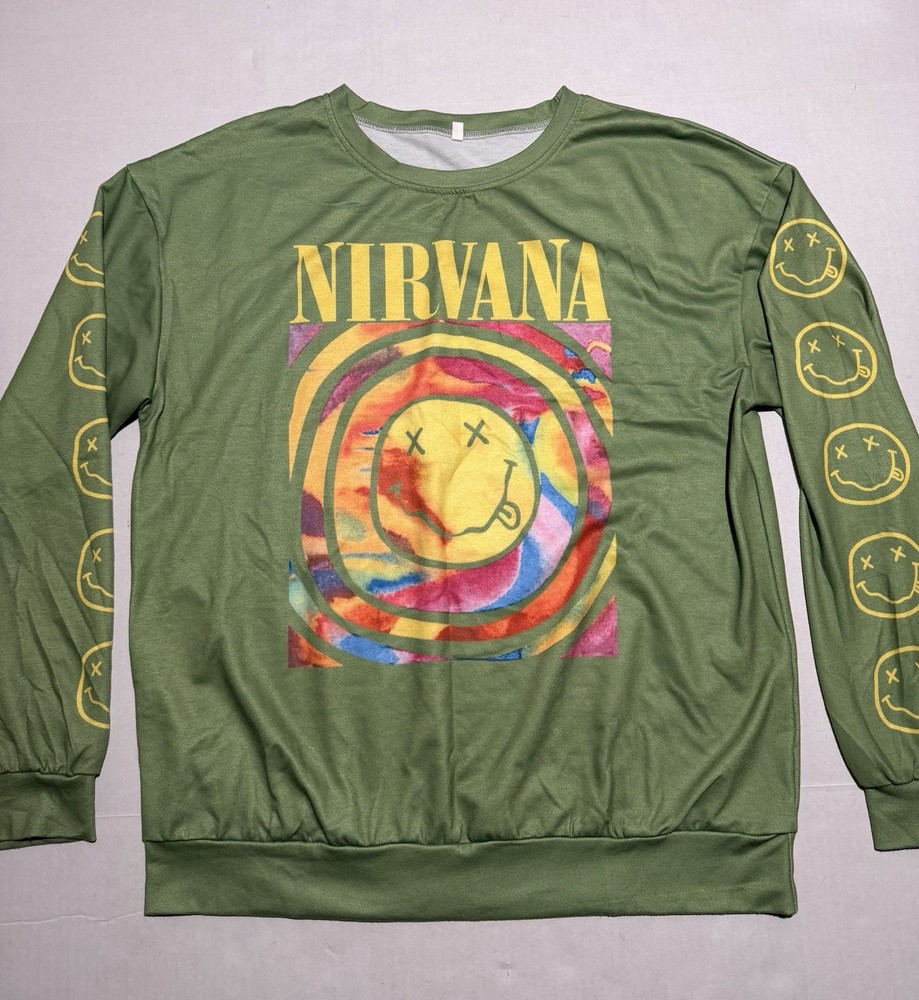 Unbranded Nirvana print, Green Colorful LS Pullover Sweatshirt, men’s Large