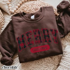 Merry Christmas Sweatshirt Tartan Plaid Holiday Festive Apparel