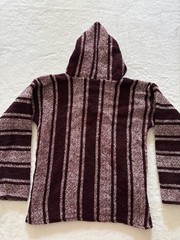Mexican Baja Hoodie Mens M Burgundy Cream Striped Drug Rug Pullover Acrylic