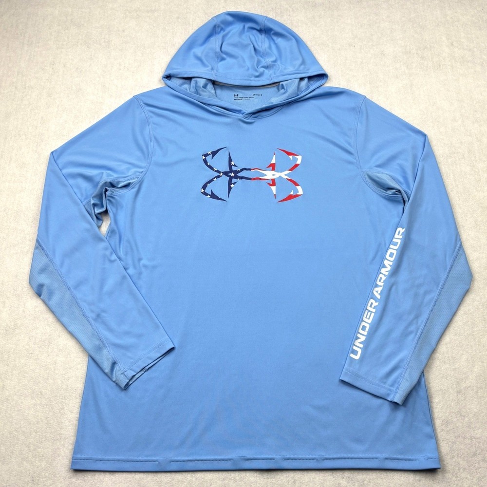 Under Armour Shirt Mens Large Blue Freedom Iso Chill Fish Hook Flag Hoodie Sun