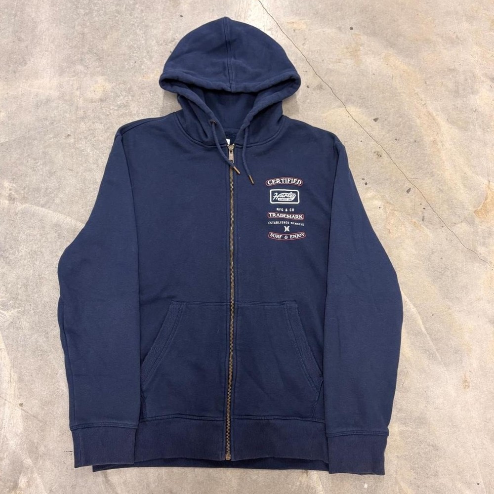 Hurley Certified Surf & Enjoy Navy Full Zip Hoodie Mens L Y2K Skate Streetwear