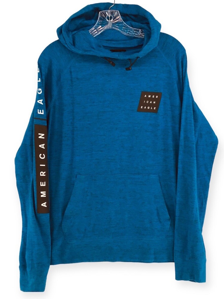 American Eagle Pullover Hoodie Men’s Med Heather Blue Gray Sweatshirt Spellout