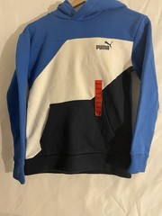 PUMA teens Colorblock Pullover Hoodie Logo Kangaroo Pocket Blue White M