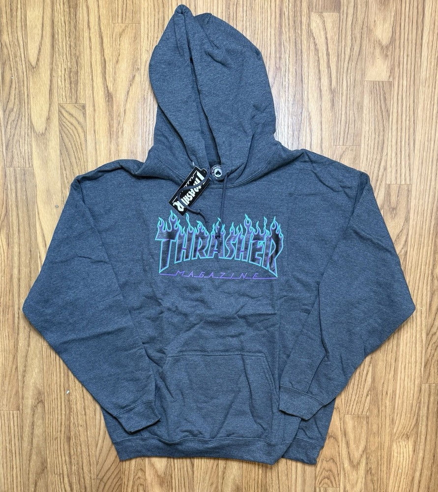 Thrasher Flame Hoodie Grey Blue Pullover Fleece Sweatshirt Size Large