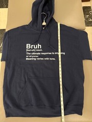 Navy Blue Fleece Pullover Hoodie Size LARGE Graphic BRUH Gildan Heavy Blend