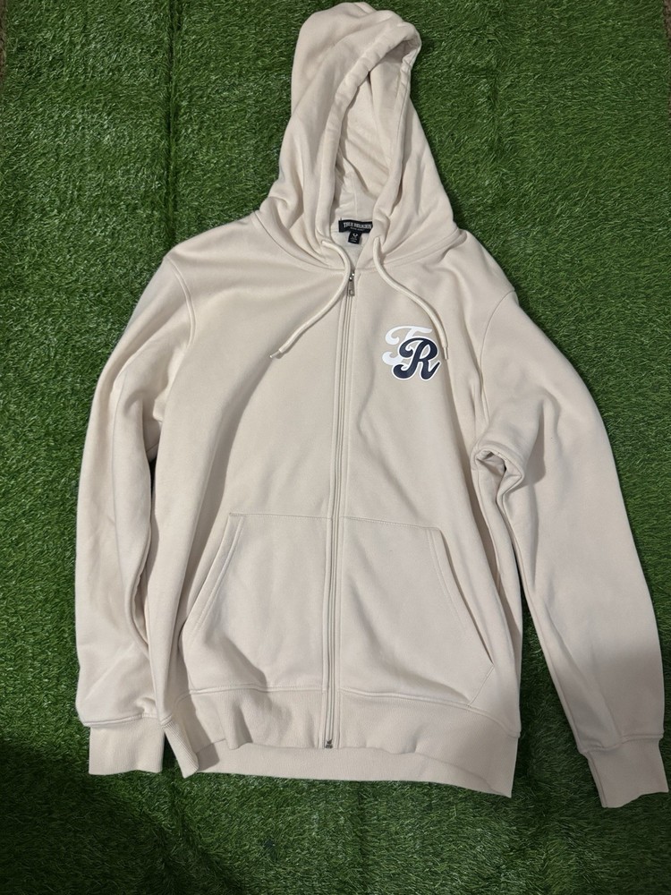 True Religion Men’s Beige Full Zip Hoodie M Logo Graphic Print Pockets