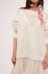 Free People Prairie Sweatshirt Tunic Dress Eyelet Lace Swing Hem Ivory S NEW