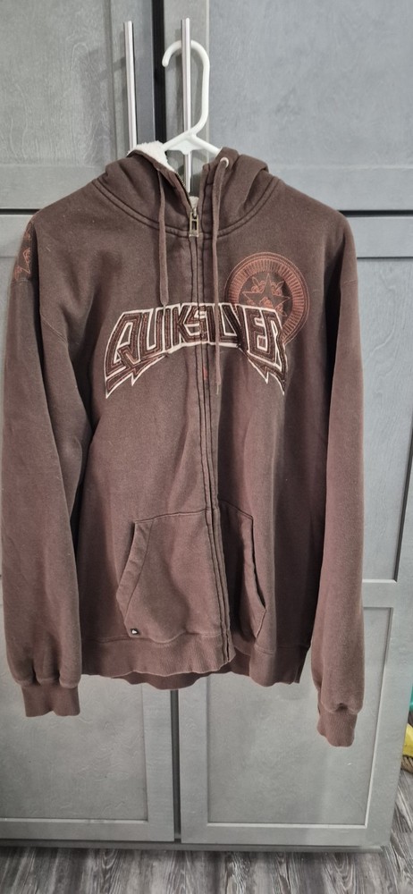 Y2K Quiksilver Full Zip Hoodie (Brown Spellout Surf Graphic) XL