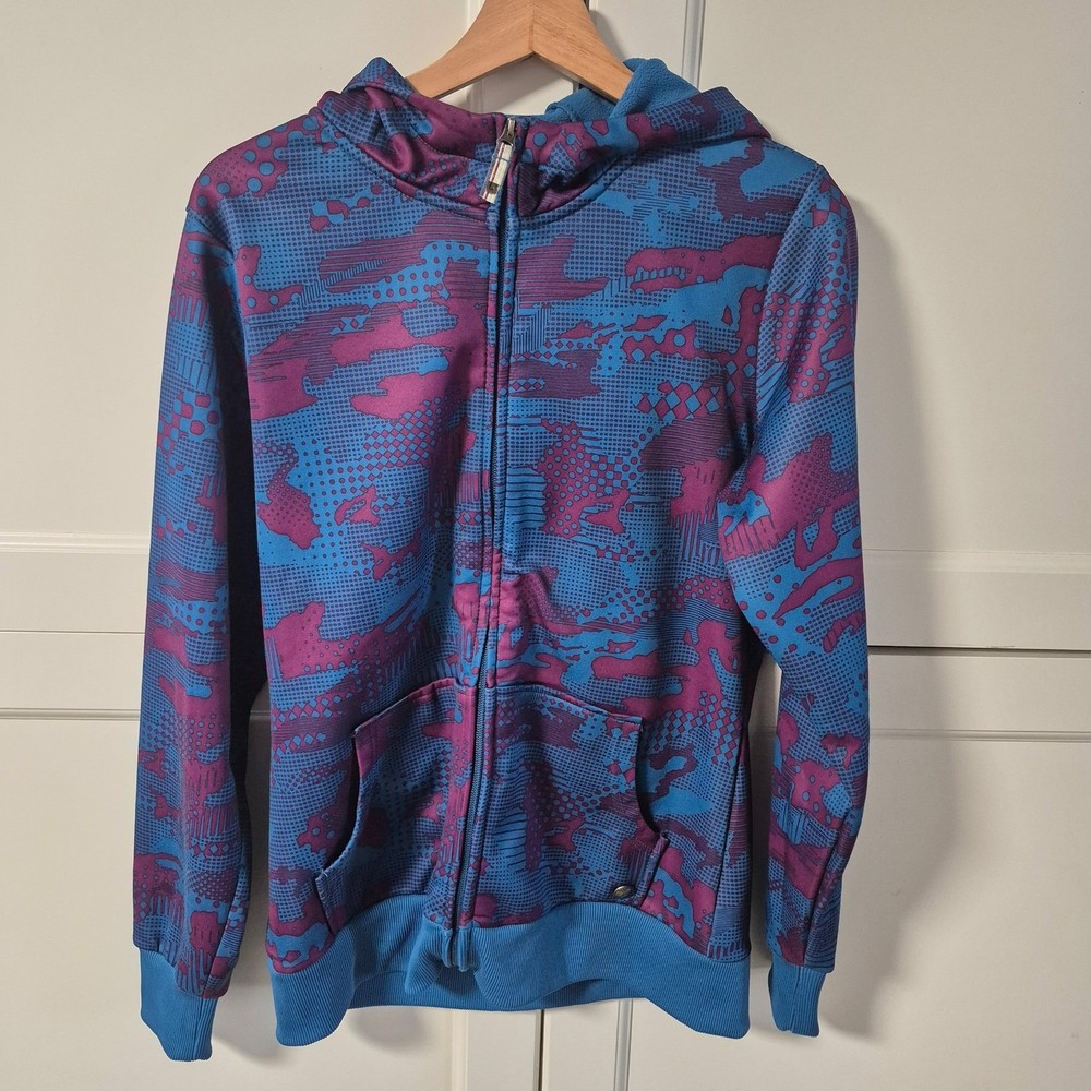 Burton Mens Large Full Zip Hoodie Blue Purple Abstract Camo Fleece Sweatshirt
