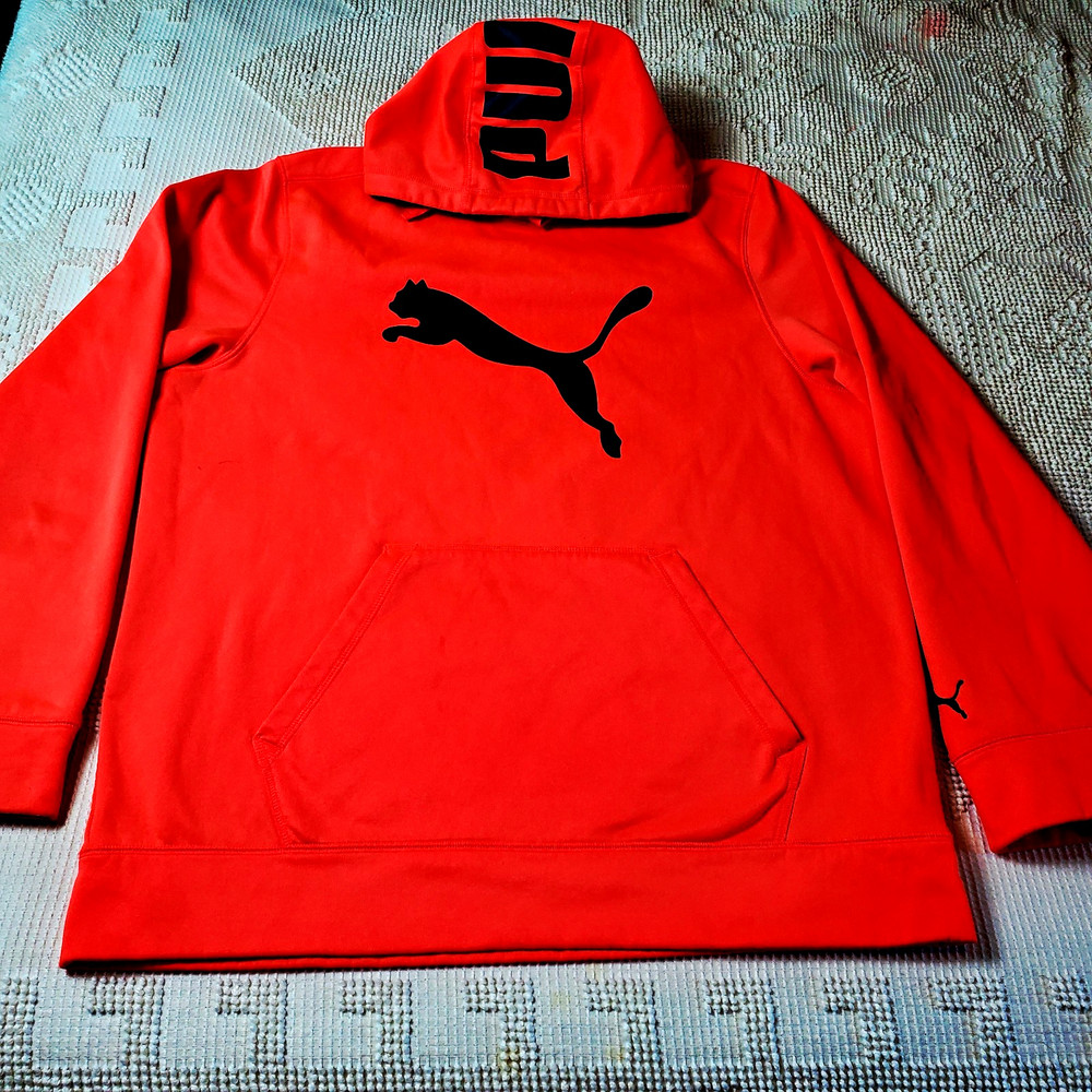 PUMA WarmCELL Orange Graphic Logo Polyester Fleece Pullover Hoodie Men’s XL