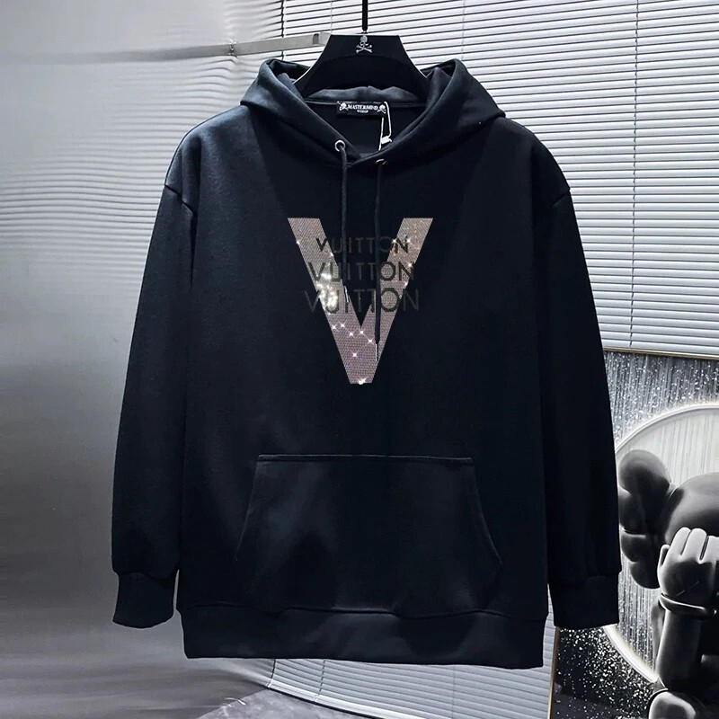 New Men Luxury Diamond V Letter 2 Sides Rhinestones Fashion Hoodie High Quality