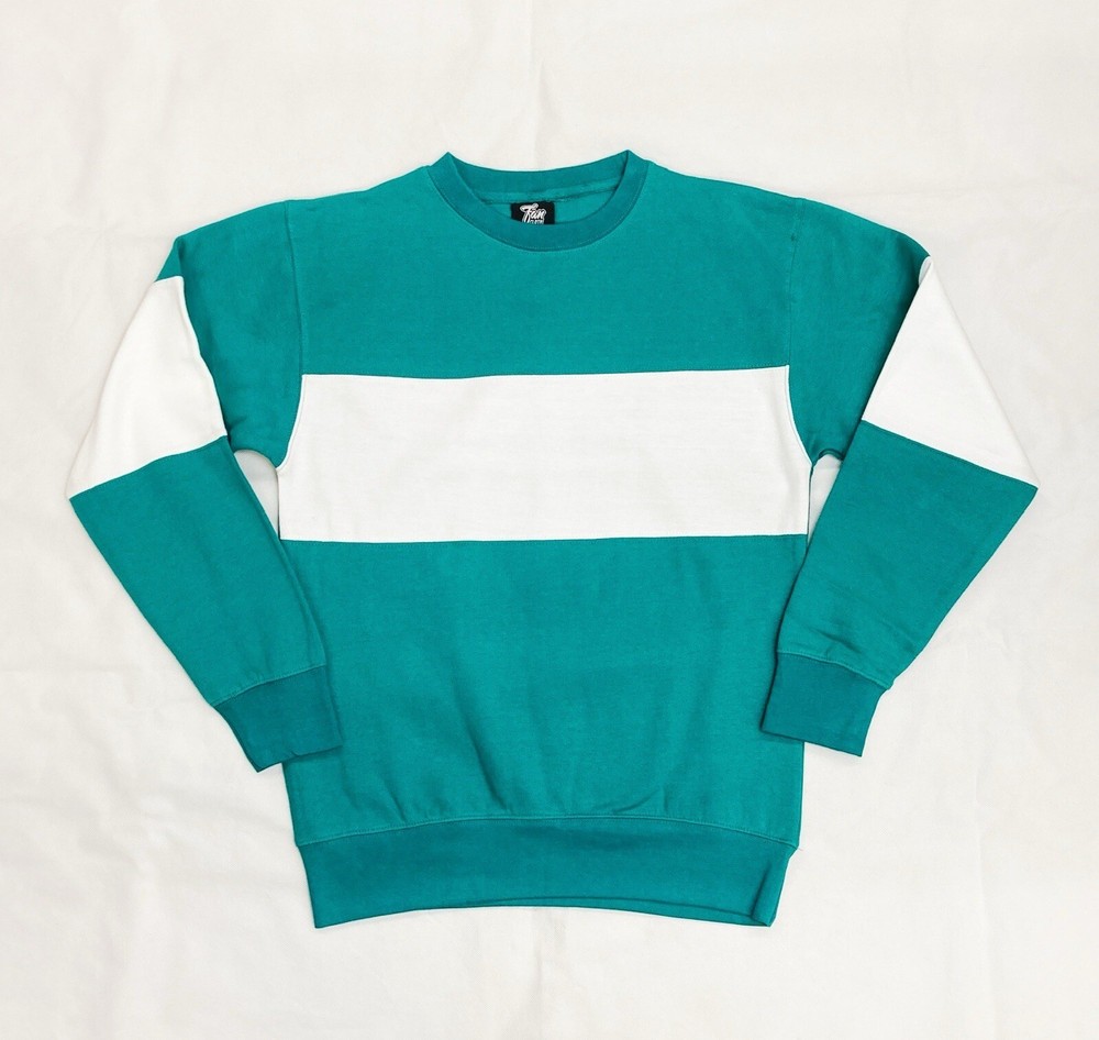 Fan Cloth Crew Neck Cotton Rich Fleece Sweatshirt Men’s S Teal W/ White Stripe
