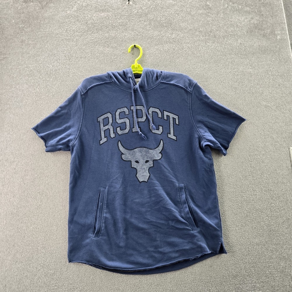 Under Armour x Project Rock Men Hoodie LARGE Blue Bull RSPCT Logo Short Sleeve