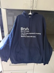 Navy Blue Fleece Pullover Hoodie Size LARGE Graphic BRUH Gildan Heavy Blend