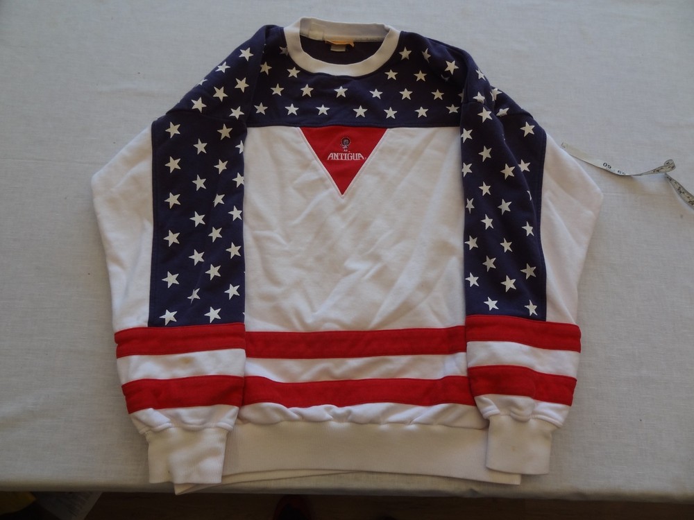 Vintage Antigua United States Flag US All Over Sweatshirt Men’s Large Flaws