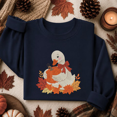 Fall Goose Sweatshirt Embroidered Adult Unisex Cozy Pumpkin Autumn Leaves Gift