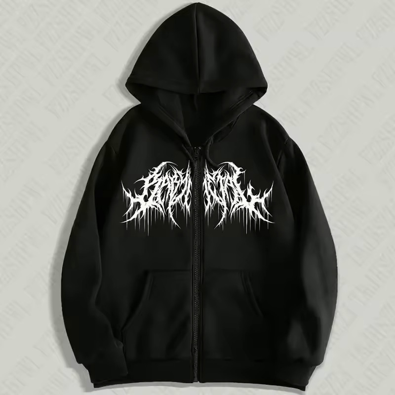 Y2K Full Zip Hoodie Men Gothic Metal Logo Graphic Sweatshirt Grunge Opium Jacket