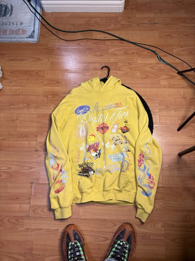 Digital Ties Men’s Yellow Graphic Print Pullover Hoodie Drawstring Pocket XL