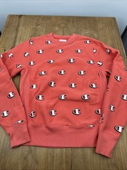 Champion Reverse Weave Long Sleeve Crew Neck Sweatshirt Men’s S Coral Pink Logos
